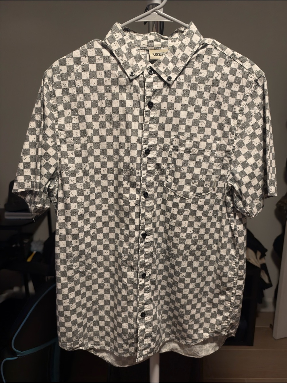 Vans Men’s Black and White Checker Short-Sleeve Button-Down Shirt